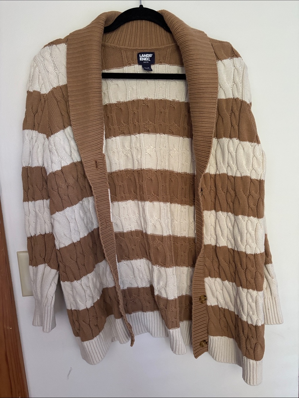 Lands' End medium Shawl Collar Striped Cable-Knit Sweater - Cream & Tan